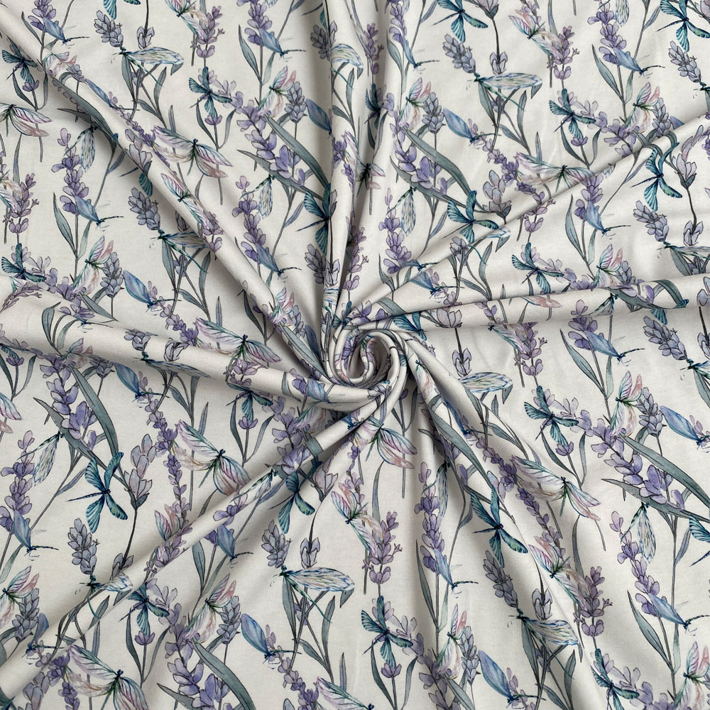 Mauve Dragonflies on White Organic Jersey Watsons Fabrics